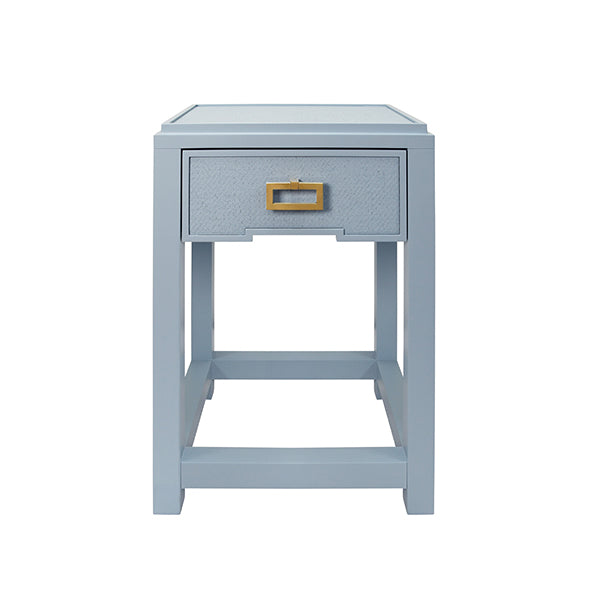 Side Tables One Drawer Side Table With Matte Light Blue Frame And Light Blue Grasscloth Drawer Fronts
