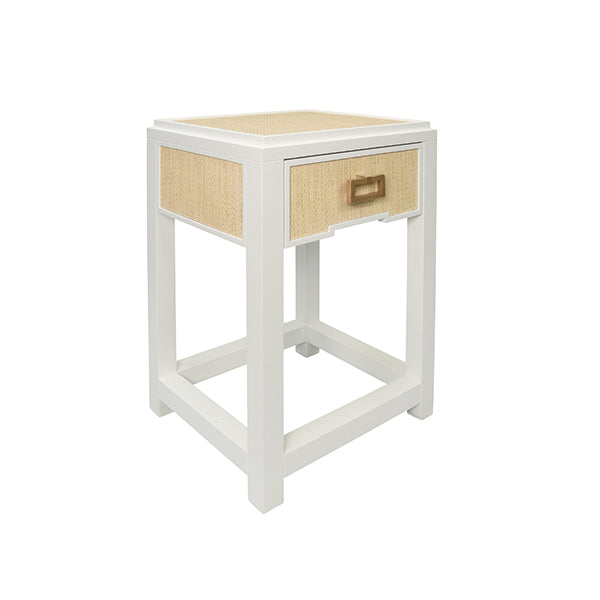 Side Tables One Drawer Side Table With Matte White Lacquer Frame And Natural Grasscloth Drawer Fronts