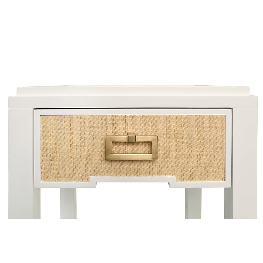 Side Tables One Drawer Side Table With Matte White Lacquer Frame And Natural Grasscloth Drawer Fronts