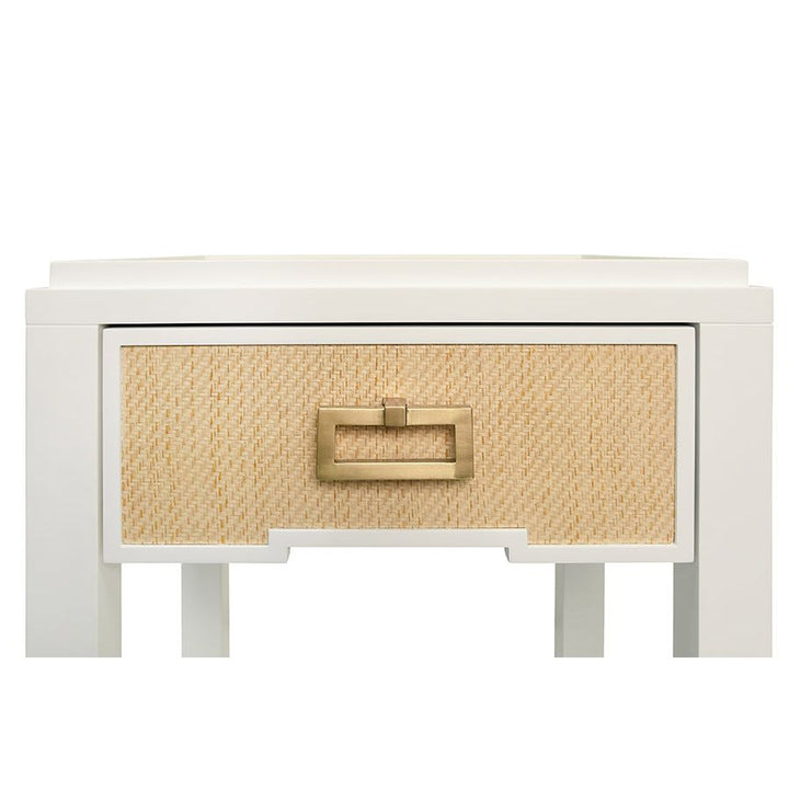 Side Tables One Drawer Side Table With Matte White Lacquer Frame And Natural Grasscloth Drawer Fronts