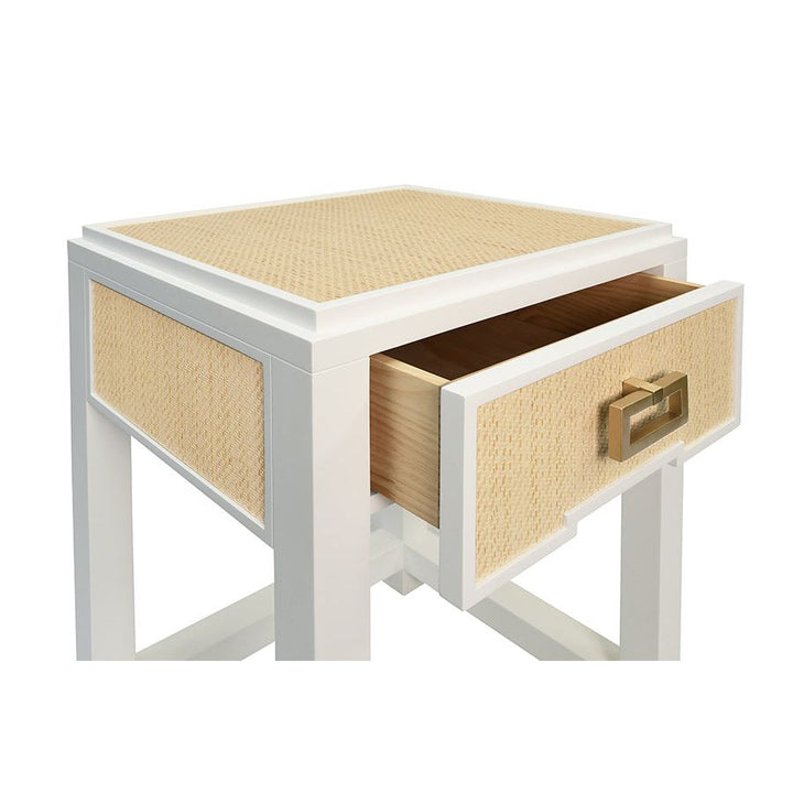 Side Tables One Drawer Side Table With Matte White Lacquer Frame And Natural Grasscloth Drawer Fronts