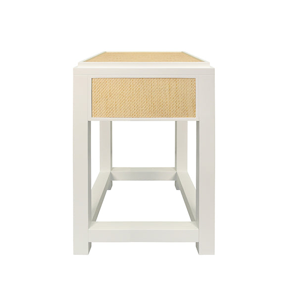 One Drawer Side Table With Matte White Lacquer Frame And Natural Grasscloth Drawer Fronts