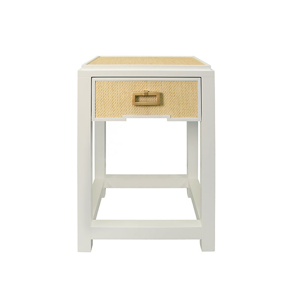 Side Tables One Drawer Side Table With Matte White Lacquer Frame And Natural Grasscloth Drawer Fronts