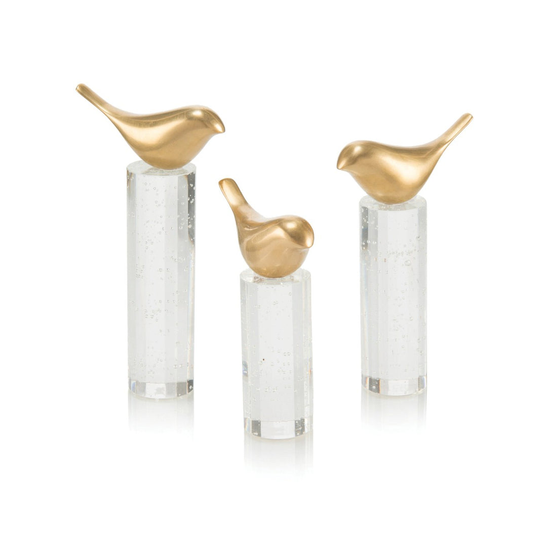 Kensington Perched Brass Birds - White - Brass