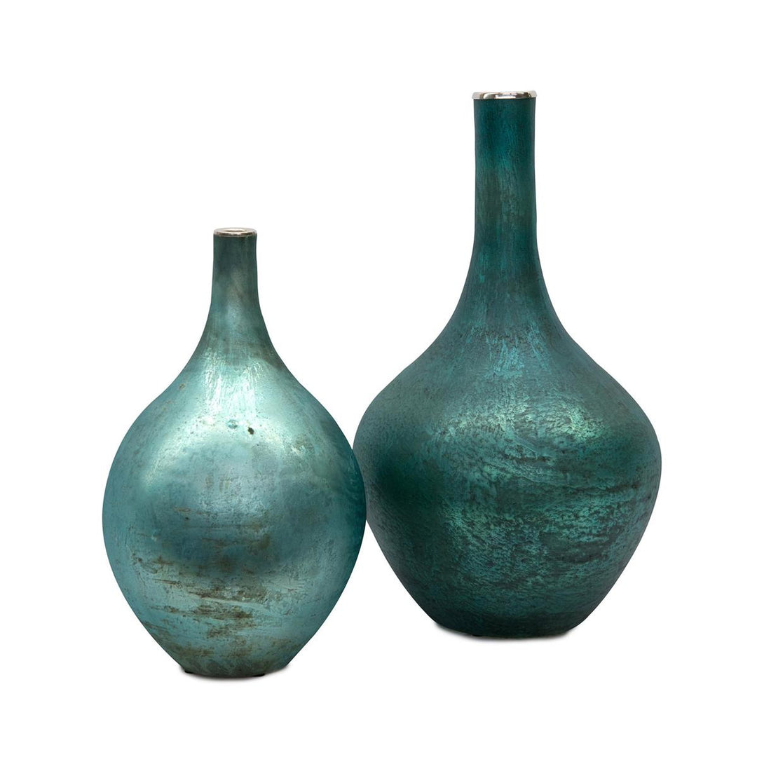 Pair Of Peacock Blue Iridescent Vases