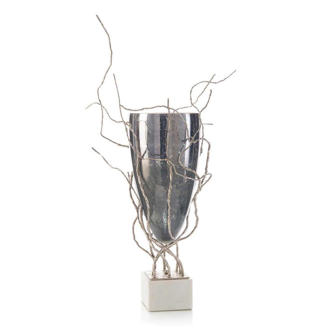 Abundance Of Saplings In Nickel With Glass Vase - Silver