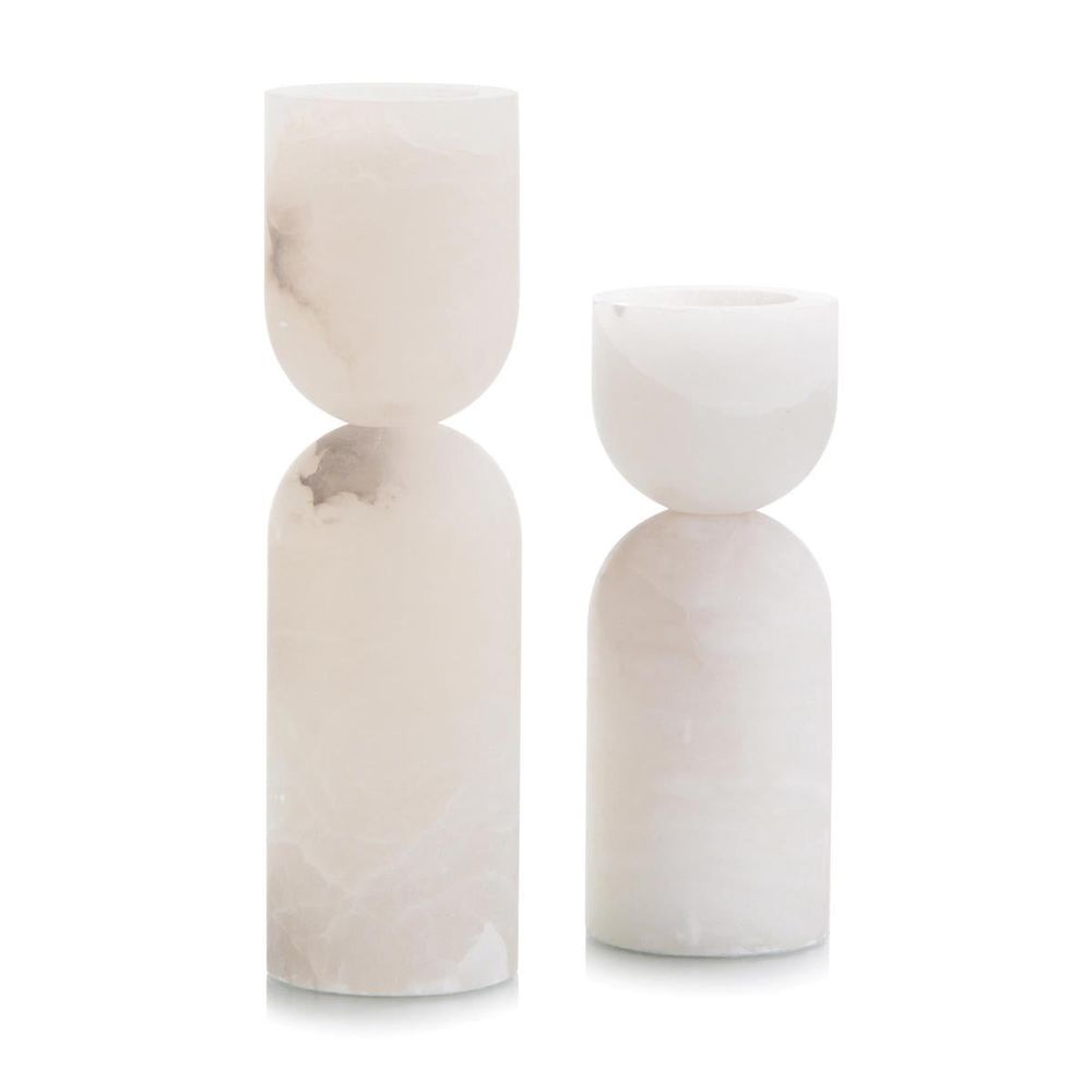 Candle Holders Set Of Two Stone/ Alabaster Candleholders - White