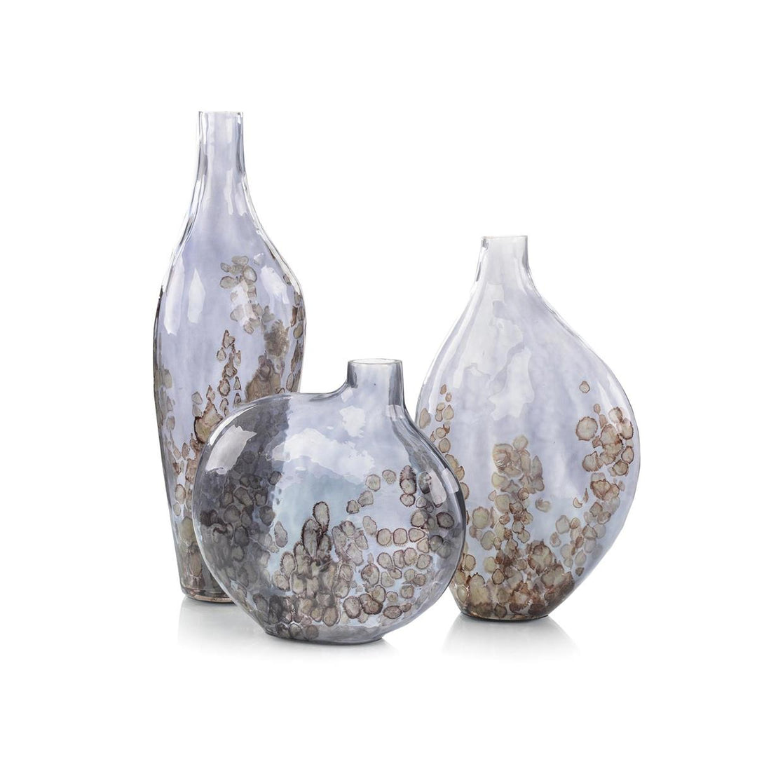 Trio Of Sky Grey Crackled Glass Vases