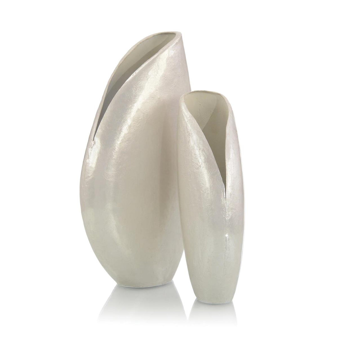 Pair Of White Iridescent Oval Vases