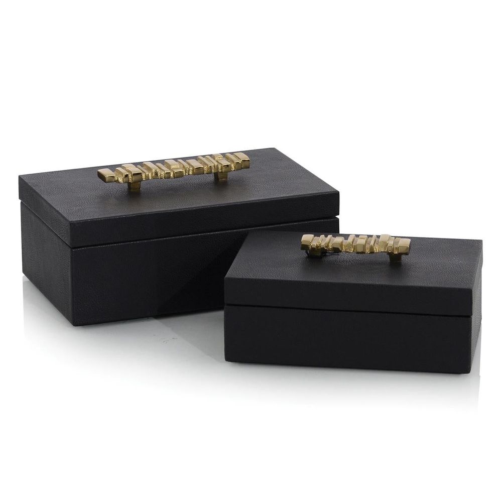 Boxes Set Of Two Onyx Antique Grain Leather Boxes - Brass