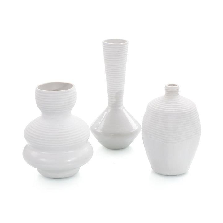 Trio Of White Chiseled Vases