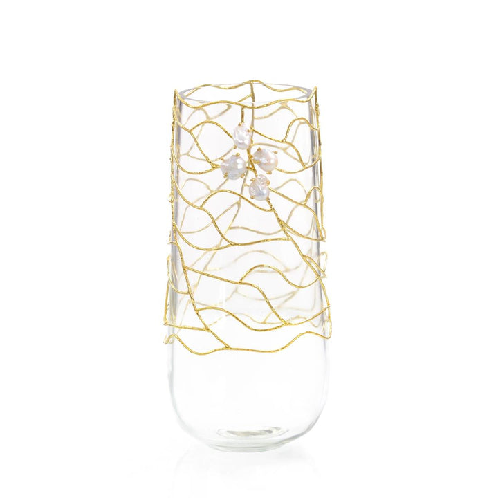 Intertwined Brass And Pearls Vase - Clear,White