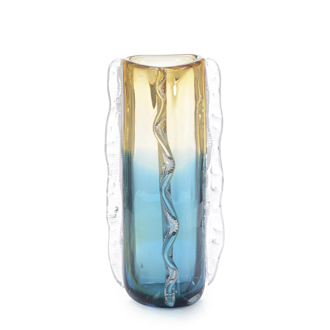 Blue And Yellow Wavy Blown Glass Vase Ii