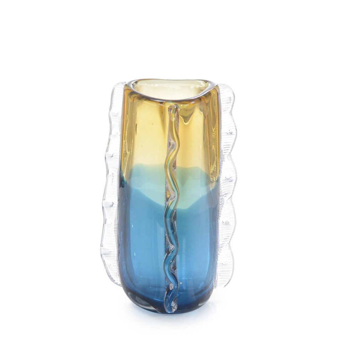 Blue And Yellow Wavy Blown Glass Vase III