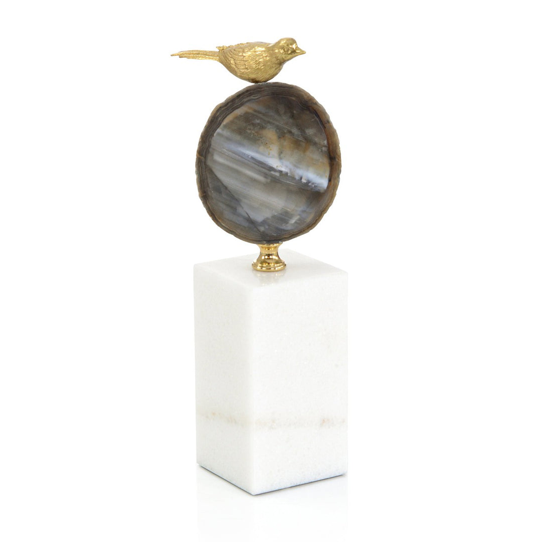 Ellery Agate and Brass Bird Sculpture I - White - Marble