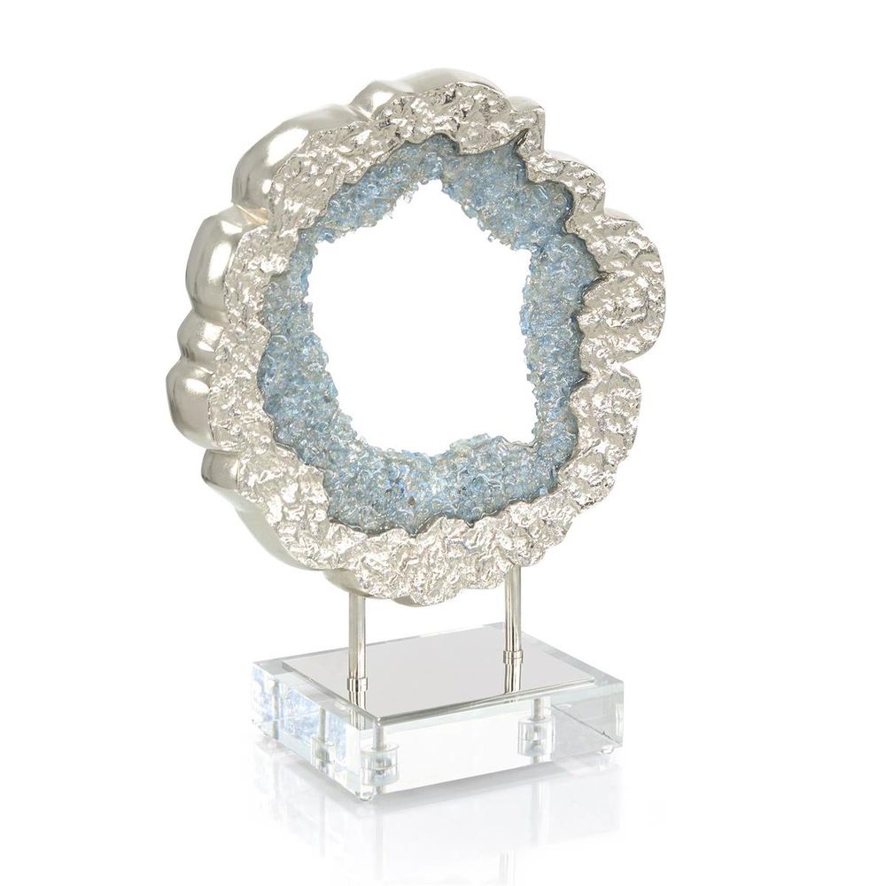 Decorative Objects Hammered Nickel and Sea Blue Geode Sculpture - Silver, Blue, Clear