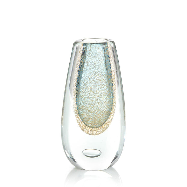 Gold Speckled Blue Handblown Glass Vase II - Gold,Green