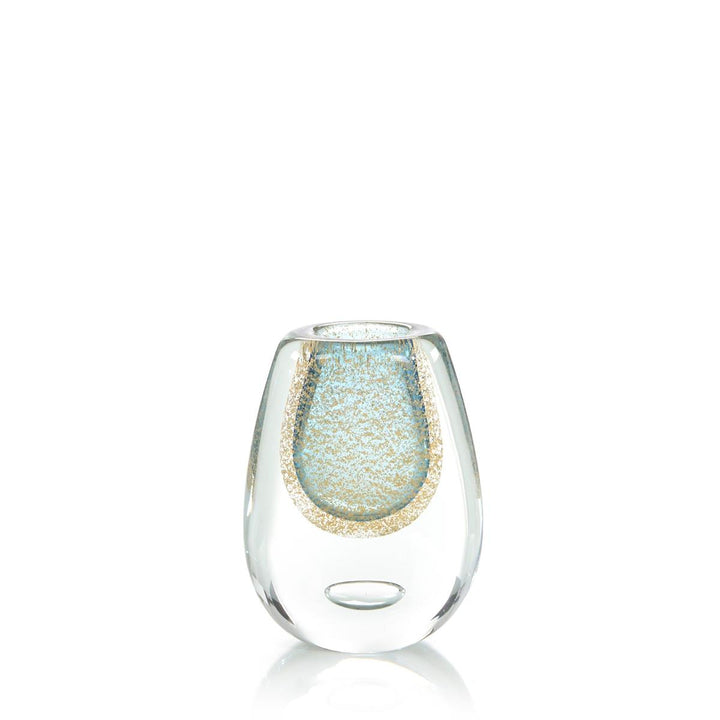 Gold Speckled Blue Handblown Glass Vase III - Gold,Green