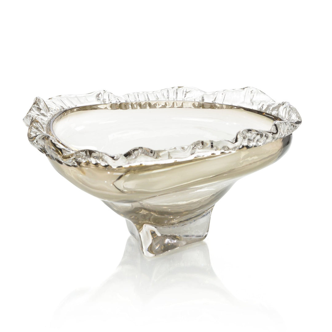 Ornate and Clear Ruffled Handblown Glass Bowl - Brown