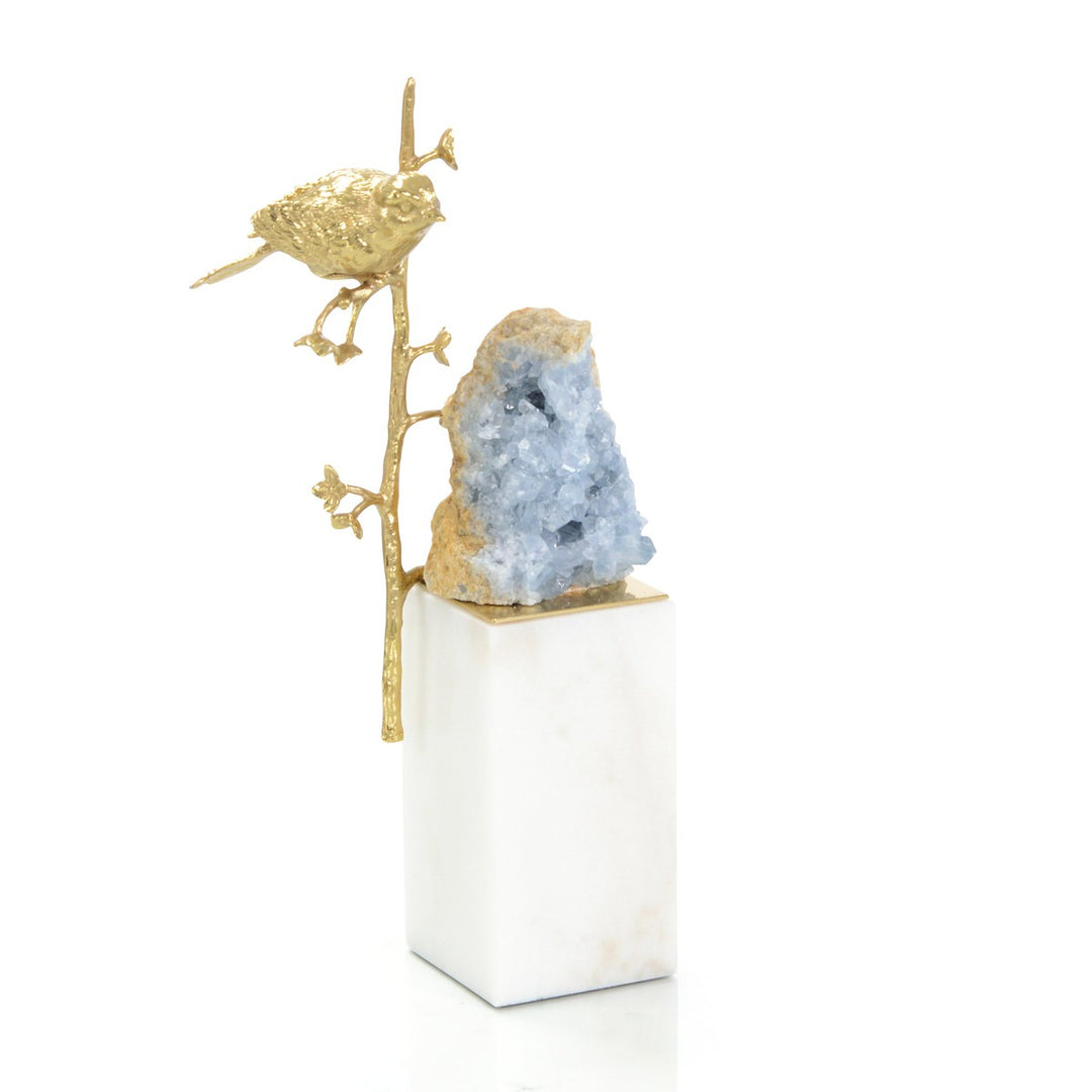 Ellery Bird and Cyanite Geode Sculpture I - Blue - Brass