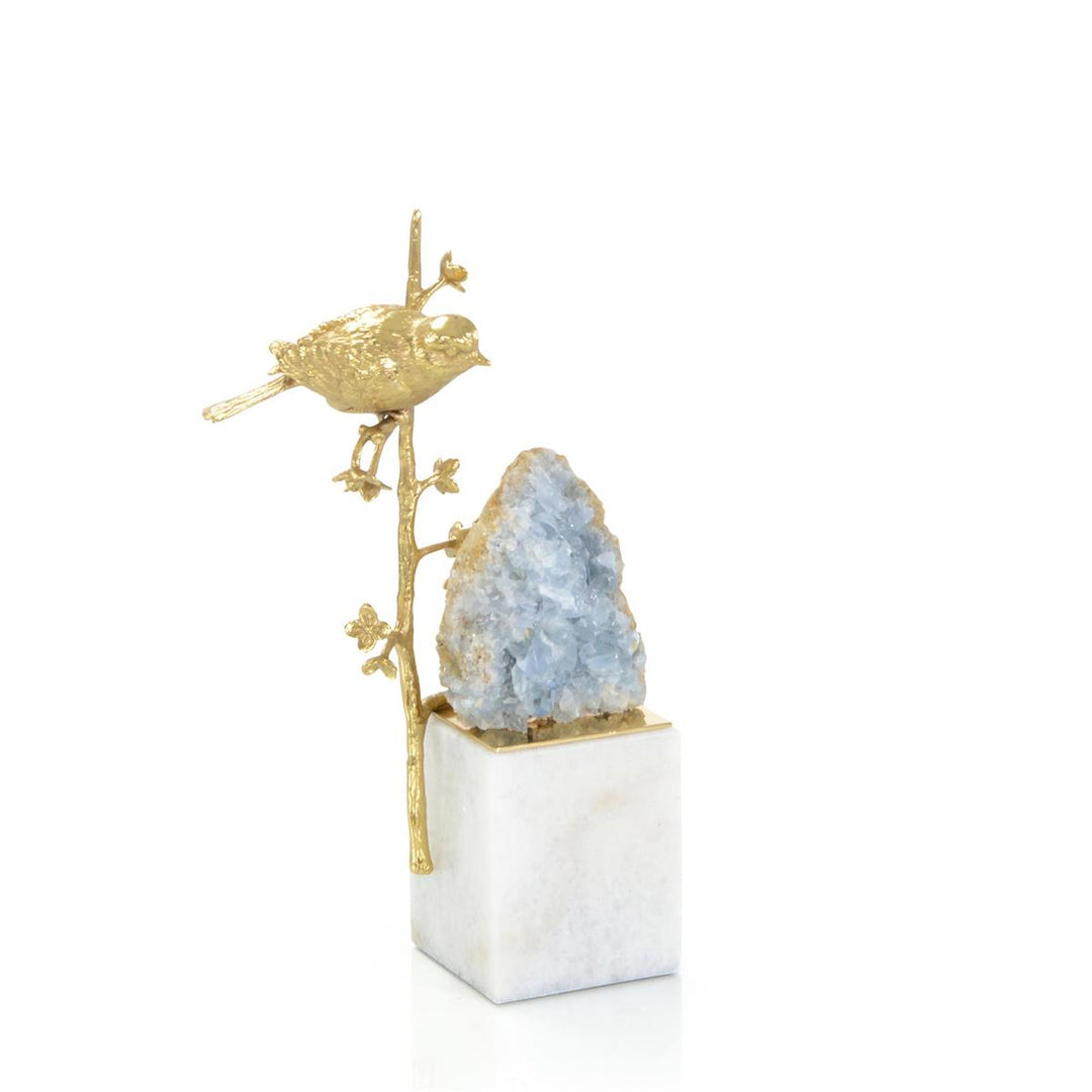 Bronze Bird And Cyanite Geode Sculpture Ii - Grey,White