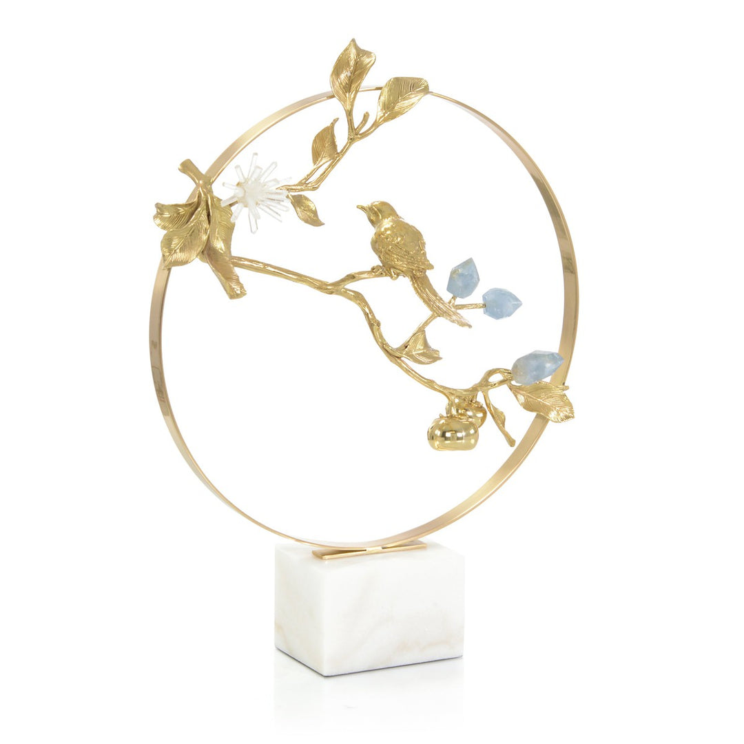 Ellington Bird and Cyanite Flowers Sculpture - Gold - Brass