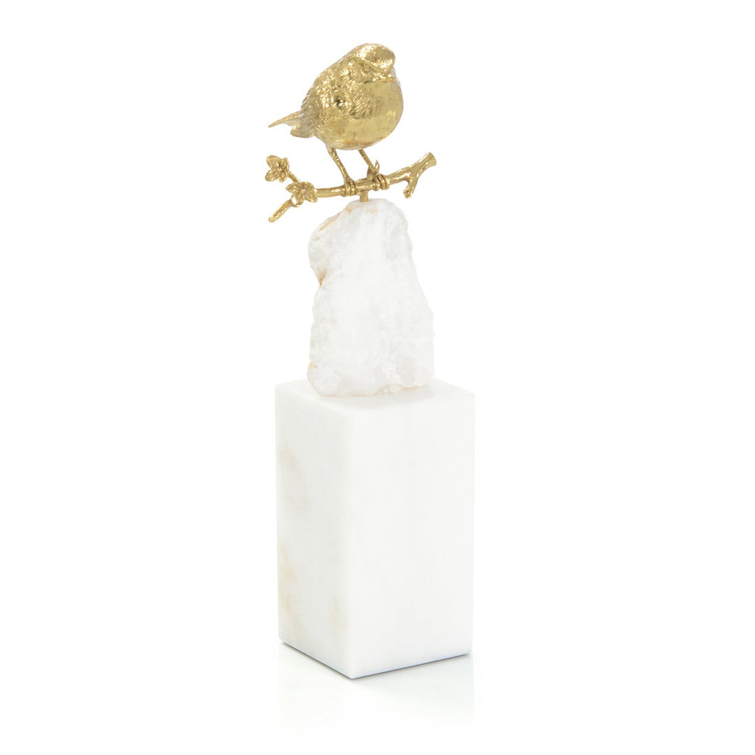 Ellery Bird and Quartz Sculpture I - White - Brass