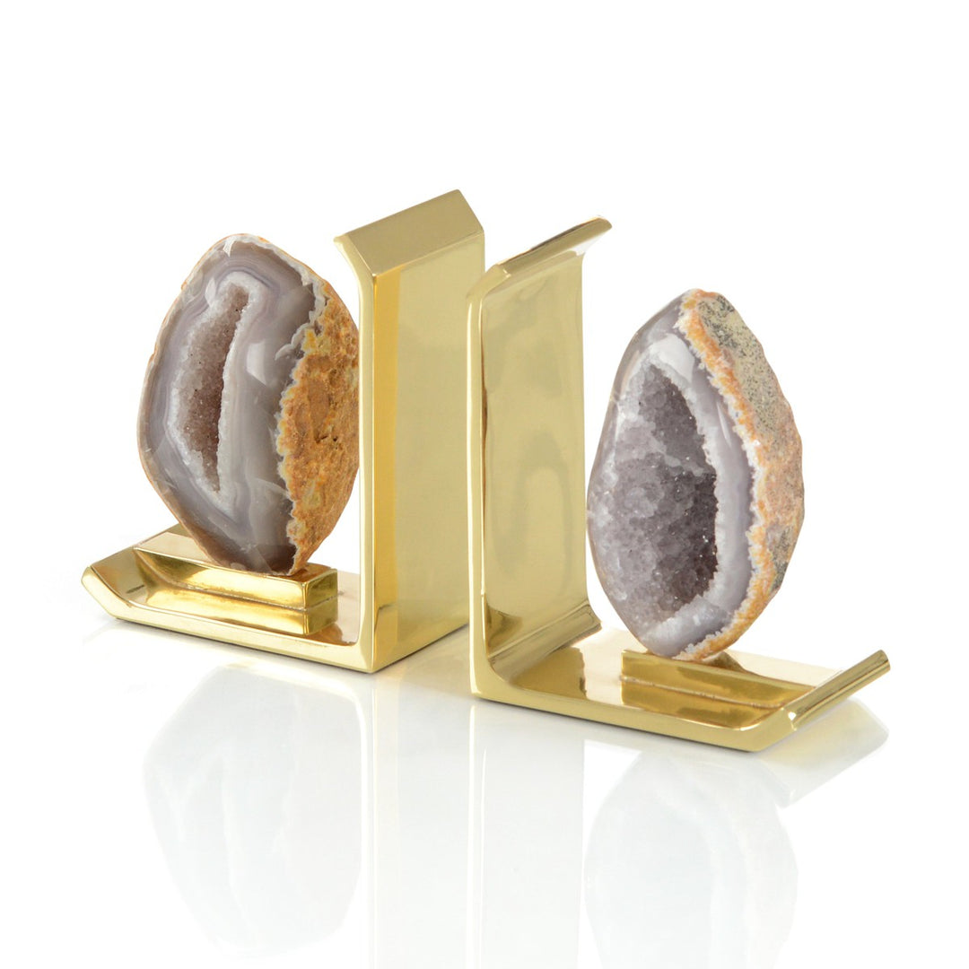 Glamorous Set of Two Agate on Brass Bookends - Gold