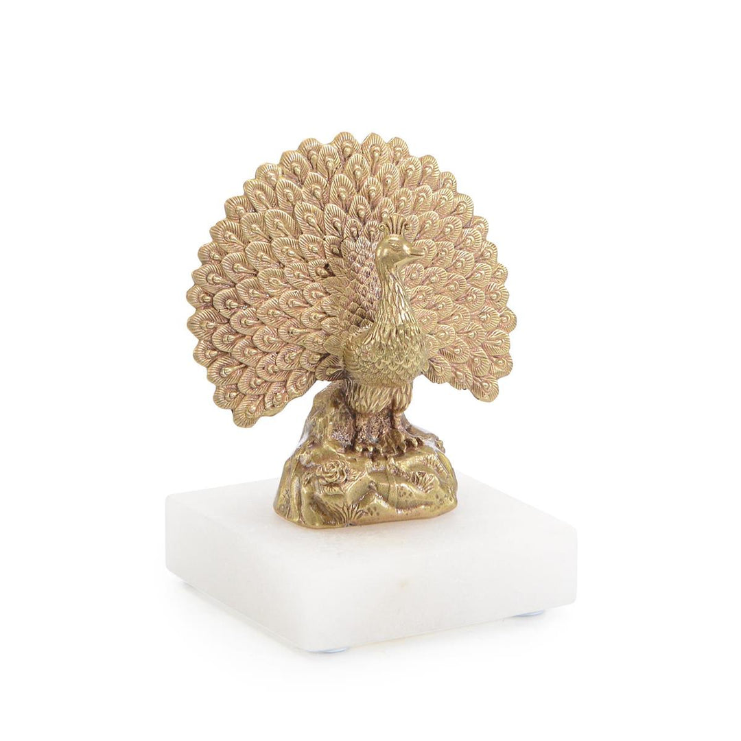 Gold Peacock Sculpture On Alabaster