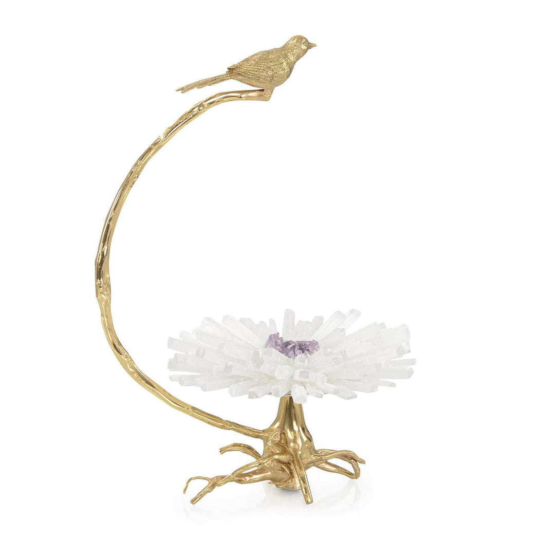 Sculptures Brass Bird on Selenite Bloom Sculpture