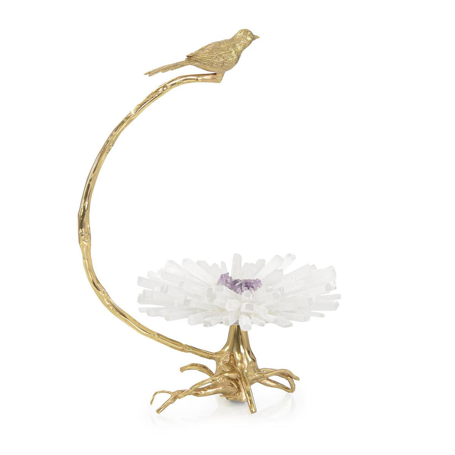 Sculptures Brass Bird on Selenite Bloom Sculpture
