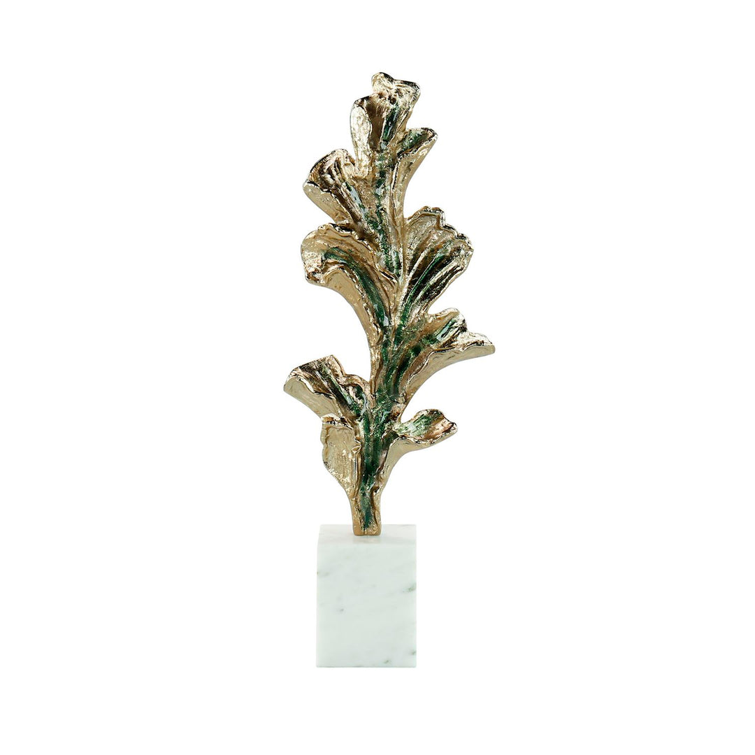 Shining Leaf Sculpture On Marble Base, Medium Gold