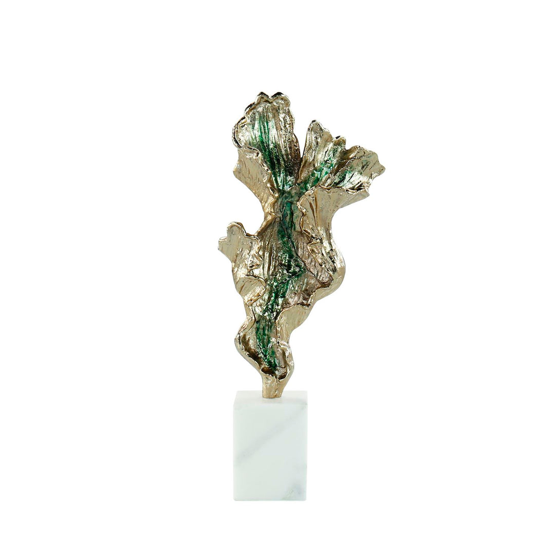 Shining Leaf Sculpture On Marble Base, Small Gold