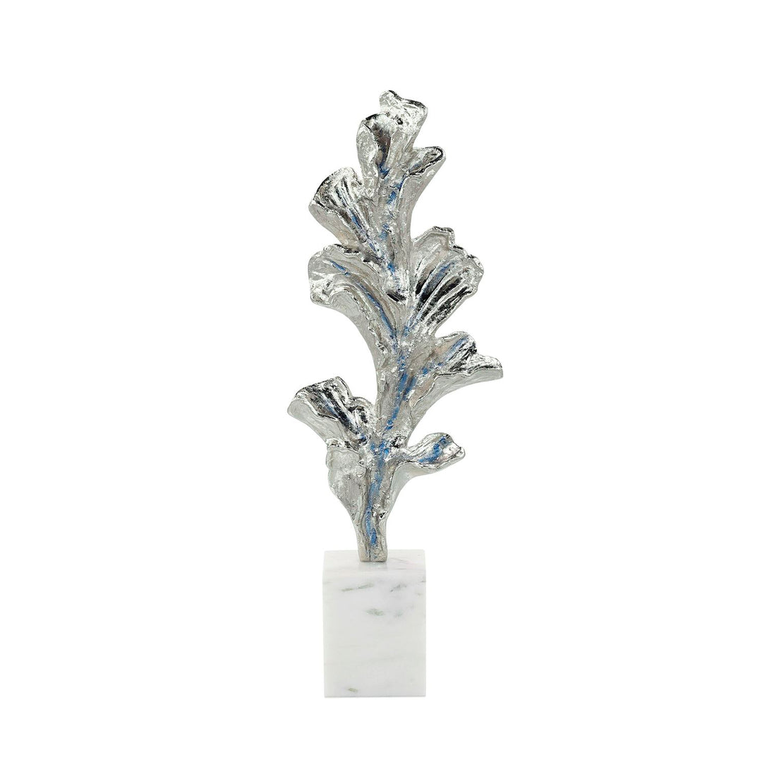 Shining Leaf Sculpture On Marble Base, Medium Silver