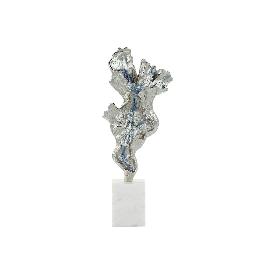 Shining Leaf Sculpture On Marble Base, Small Silver