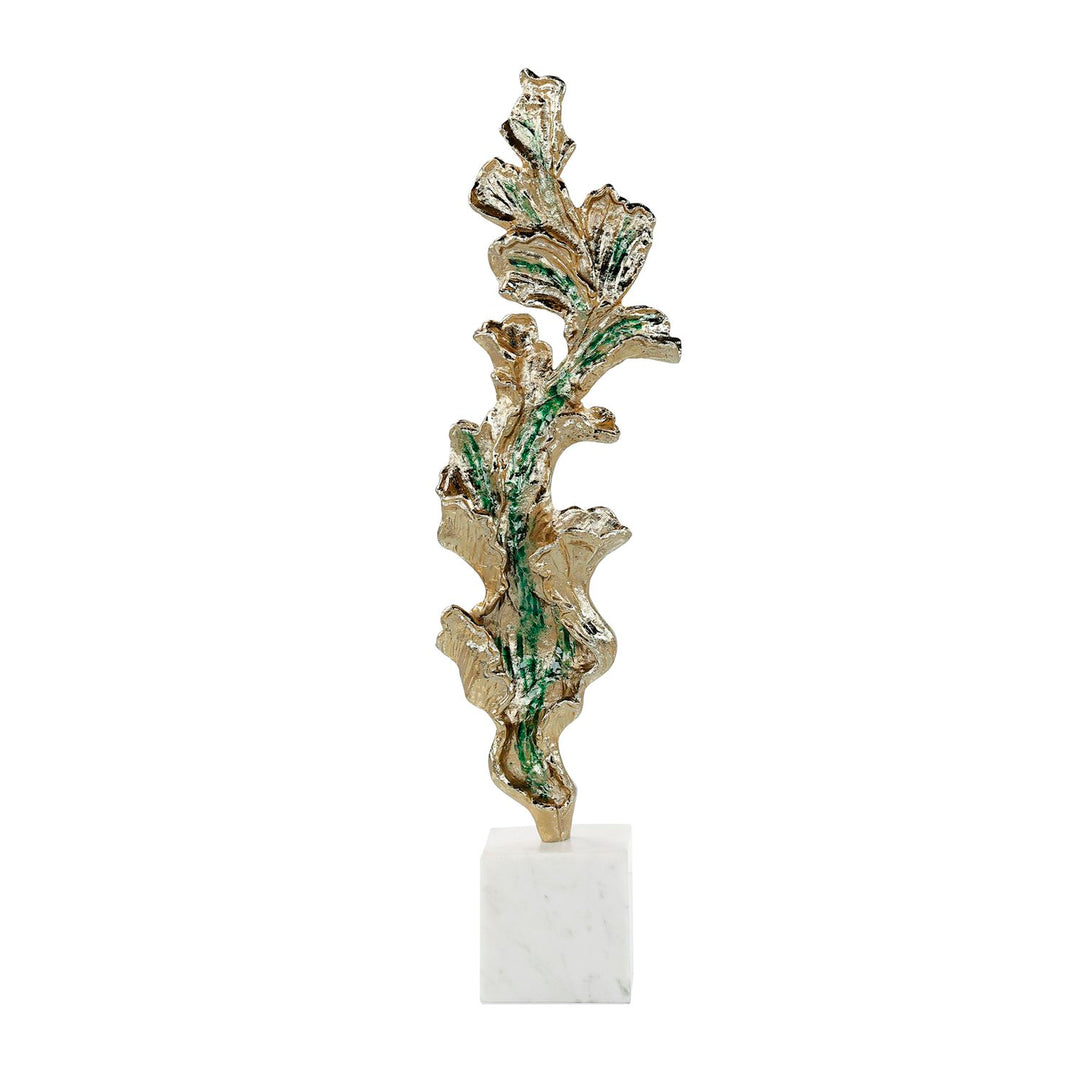 Shining Leaf Sculpture On Marble Base, Large Gold