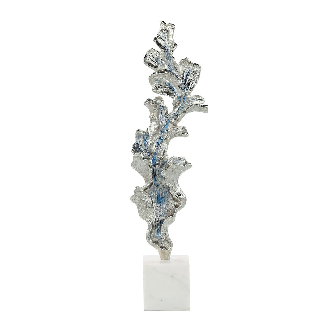 Shining Leaf Sculpture On Marble Base, Large Silver