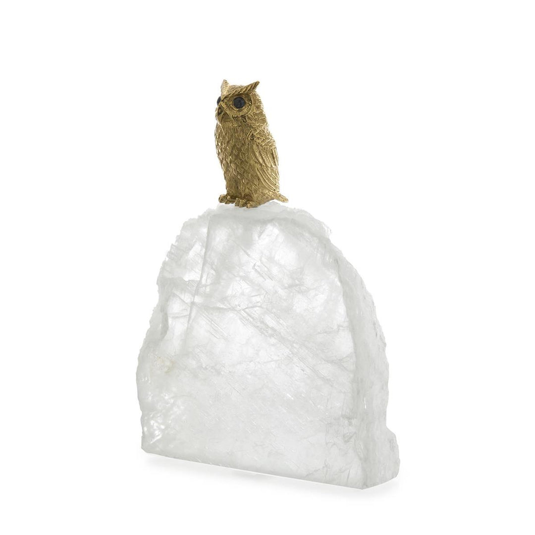 Sculptures Perched Brass Owl Sculpture on Selenite, Large