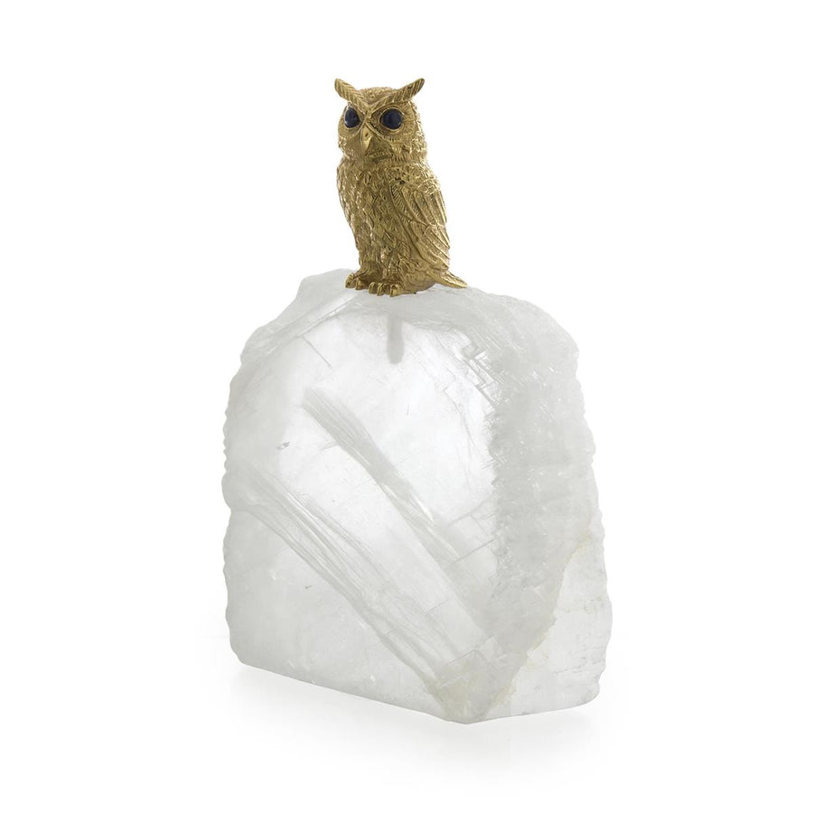 Sculptures Perched Brass Owl Sculpture on Selenite, Small