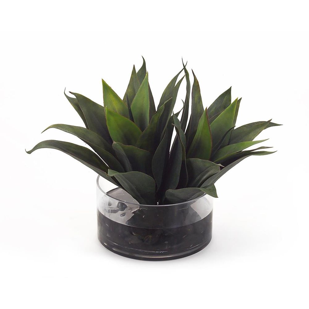 Sea Agave, shown in deep green and dark olive with glass, faux foliage, and clear cylindrical glass vessel.