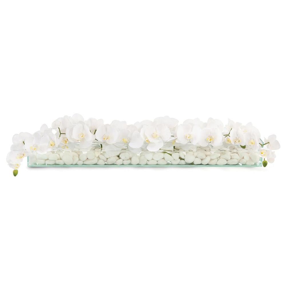 Drifting Orchids, shown in white and clear with glass, marble pebbles, and long rectangular clear glass tray.