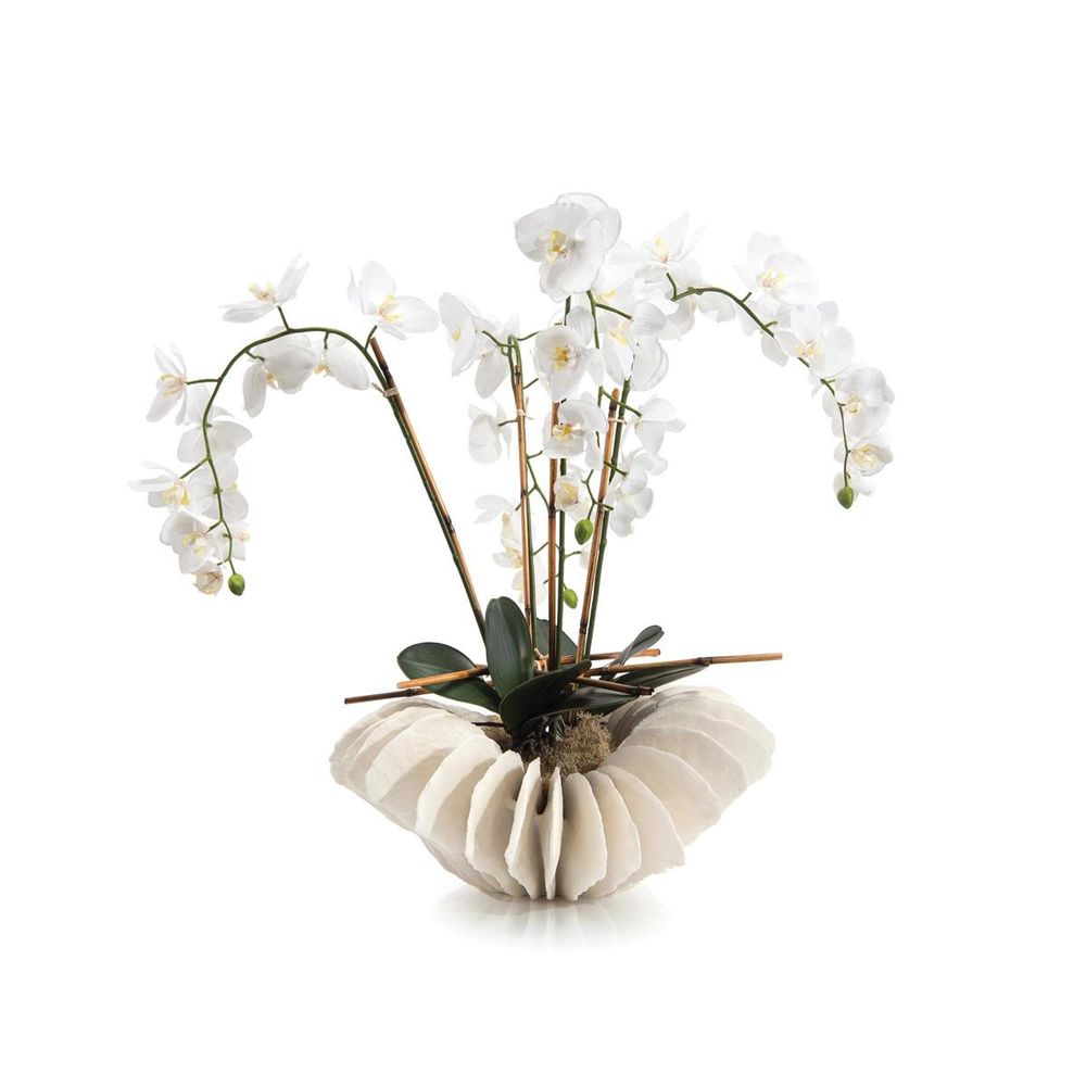 Ocean Coral Orchids, shown in white and off-white with silk, fabric, and freestanding potted faux arrangement.