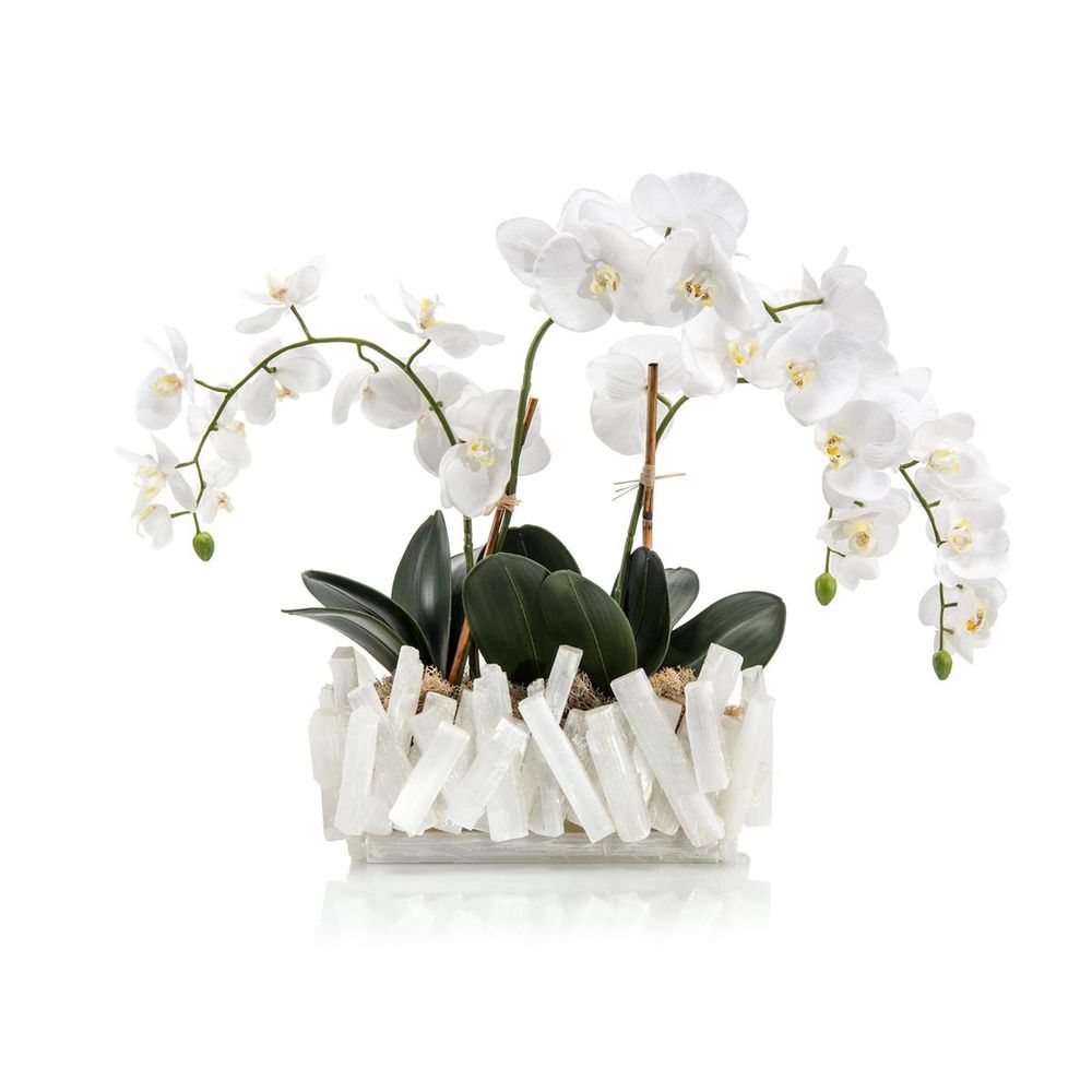 Gypsum Orchids, shown in white and dark green with silk, polyester, and freestanding tabletop arrangement.