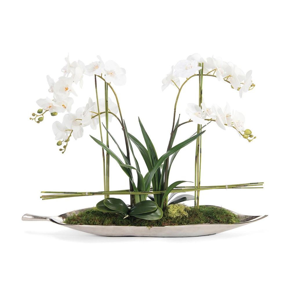 Sterling Leaf Orchids, shown in white and silver with metal, faux silk, and freestanding tabletop arrangement.