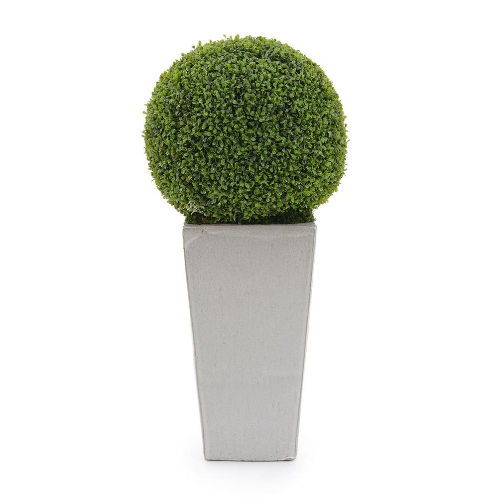Bamboo Orb, shown in green and light gray with faux boxwood, ceramic, and integrated spherical faux topiary.