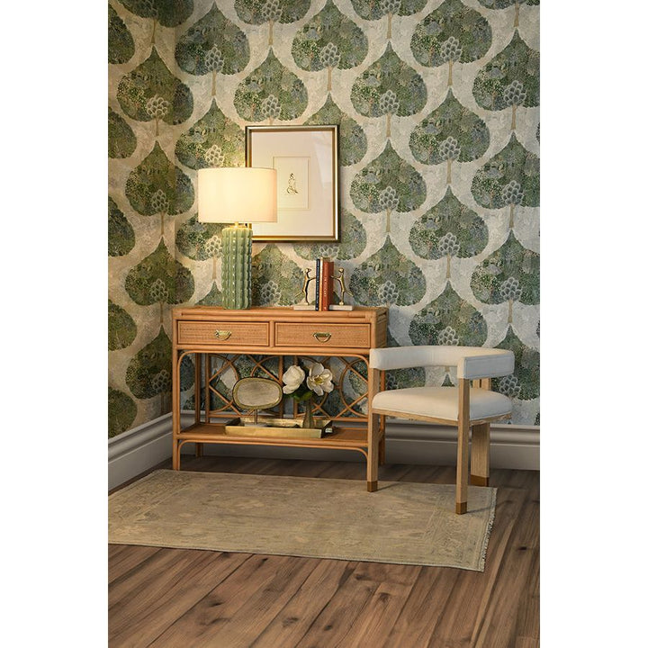 Two Drawer Console With Decorative Back In Natural Rattan