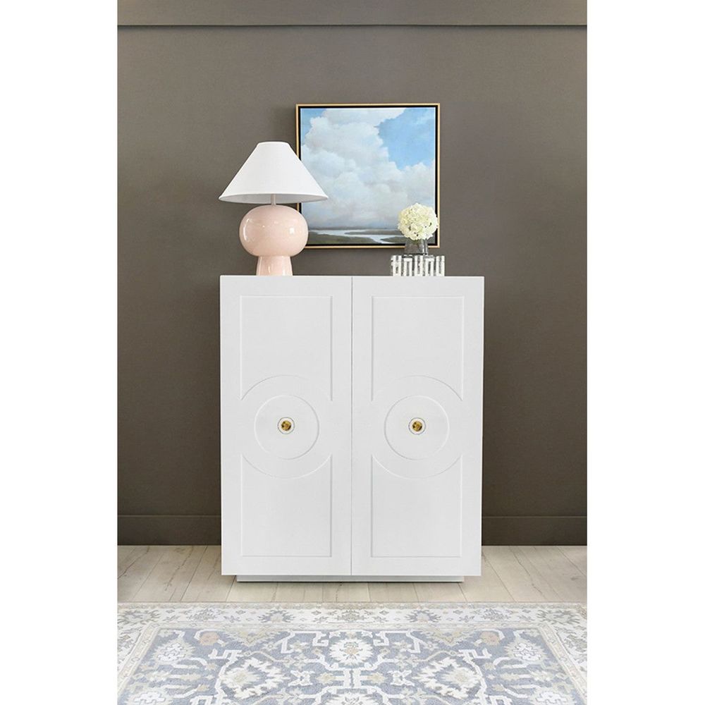 Cabinets & Curios Justine Two Door White Lacquer Cabinet With Circle Design And Acrylic Handles