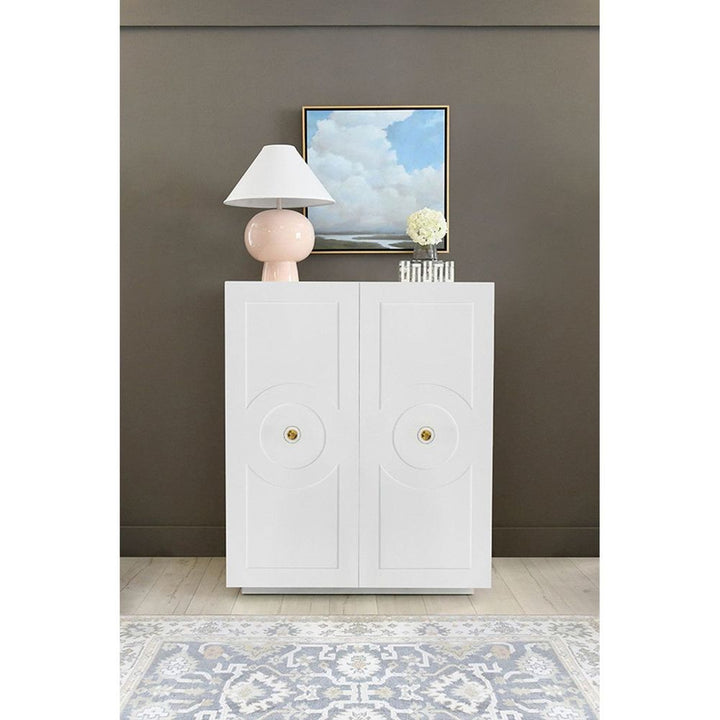 Cabinets & Curios Justine Two Door White Lacquer Cabinet With Circle Design And Acrylic Handles