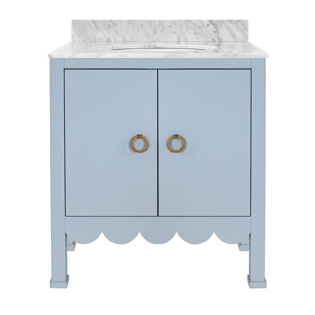 Kealey - Bath Vanity With Scallop Detail In Matte Light Blue With White Marble Top And Porcelain Sink