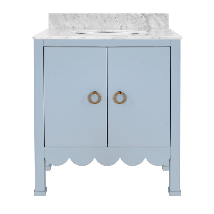 Kealey - Bath Vanity With Scallop Detail In Matte Light Blue With White Marble Top And Porcelain Sink